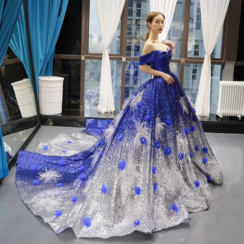 Rsm66748 Real Gradient Color Blue Feather Pattern Off Shoulder Luxury Lady  Evening Dress - Buy High Quality Long Evening Dinner Dress Fashion Dress 
