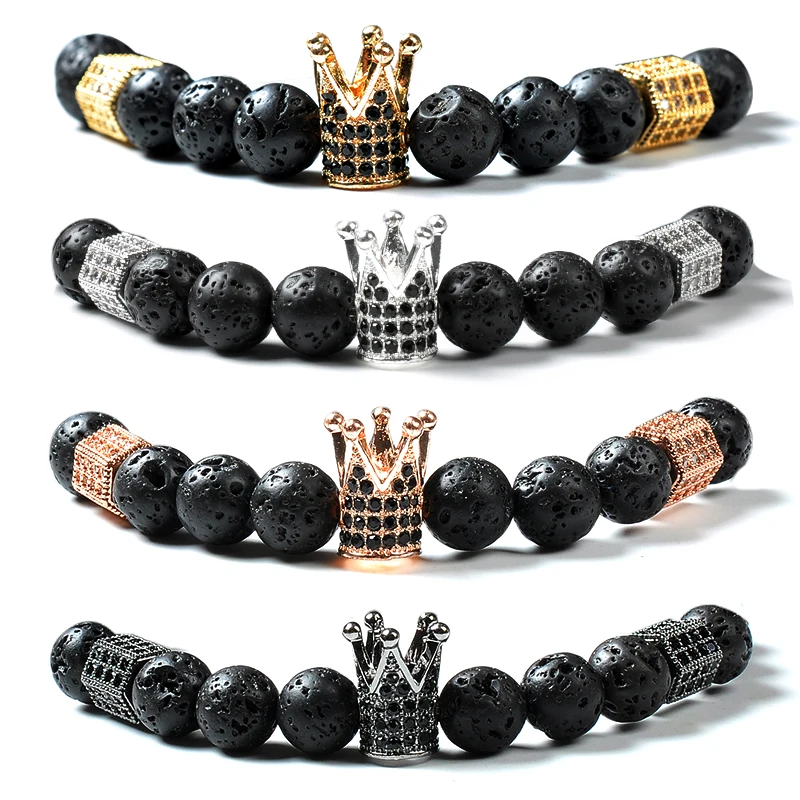Stone Lava Rock Handmade Crown Charm Jewelry Custom Logo Women Men Bead Bracelet for Friendship Elastic Natural F146 2019 Black