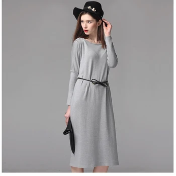fashion Round collar Long sleeves pure color long Collect waist dress
