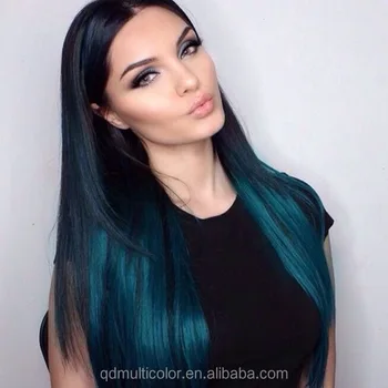 16"-26" Multi Layered Haircuts Long Hair Heat Resistant Celebrity Synthetic Dark Roots Blue Ombre Lace Front Wig for White Women