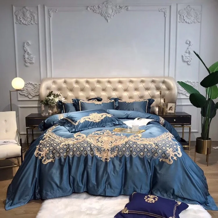 Embroidery Blue Satin 100% Cotton Duvet Cover/Bedding Sheet Set Bed Sets 