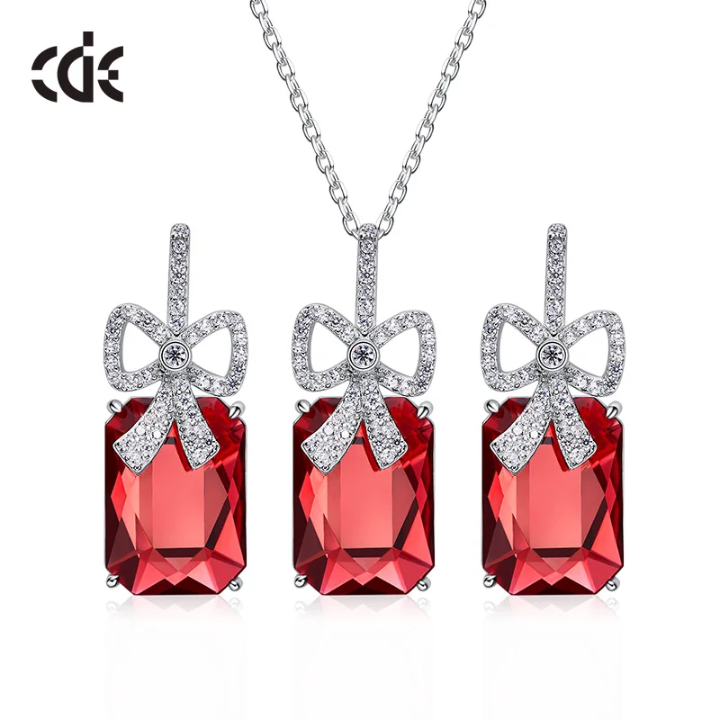 CDE S-YP1354 Fashion Jewelry 925 Sterling Silver Crystal Necklace Jewellery Set New Arrival Pink Crystal Silver Jewelry Sets