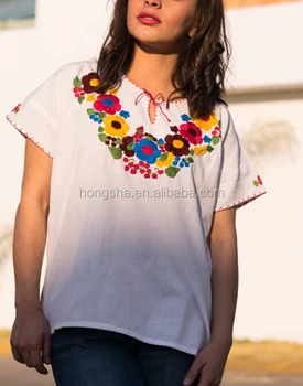 Latest Mexican Clothing Flower Embroidery Blouse Back Neck Designs Patterns Embroidered T Shirt HSt5011