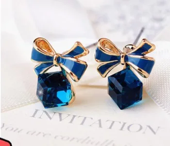 Factory direct sales black bowknot stud earrings mini blue hexagon crystal drop earrings for women