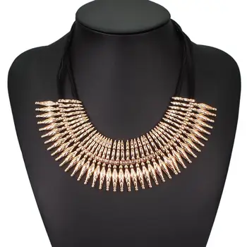 HANSIDON Fashion Black Leather Metal Pendants Necklaces Women Bib Collar Simple Layered Choker Necklace Maxi Jewelry
