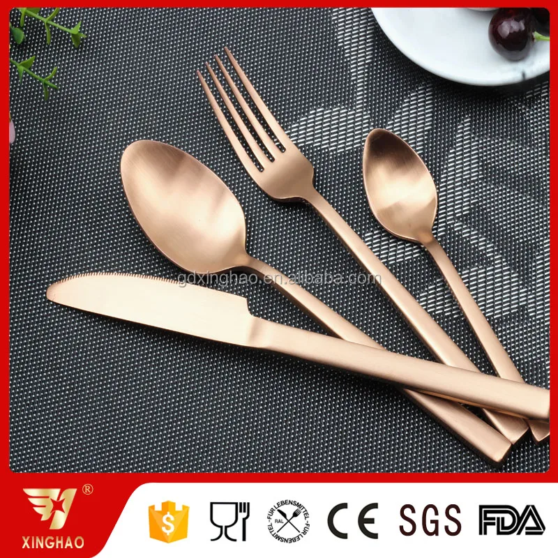 PVD Titanium Plated Rose Gold Flatware Set Matte Rose Gold Spoons Cutlery Polished Steel Reusable for Food Wholesale Weddings
