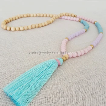 Boho Long Light Blue Tassel Necklace, Real Resin Beads, Natural Wooden Bead Tassel Necklace