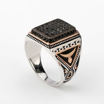 Man 925 Antique Vintage Black Stone Two Tone Plated Signet CZ Party Jewelry Sterling Silver Ring