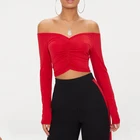 Women Bulk Top OEM Wholesale Custom Women Sexy Slinky Ruched Front Long Sleeve Bulk Crop Top