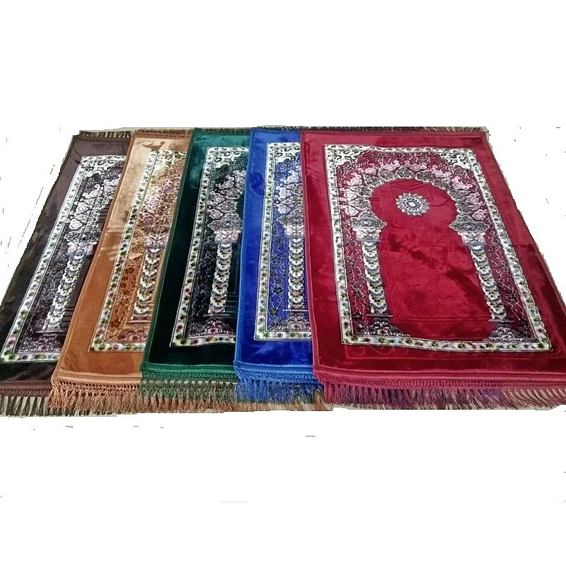 K'ba Pattern Prayer Rug Black Size: 125 x 70 cm Chenille Embroidered Woven Janamaz Large Size Muslim Prayer Mat