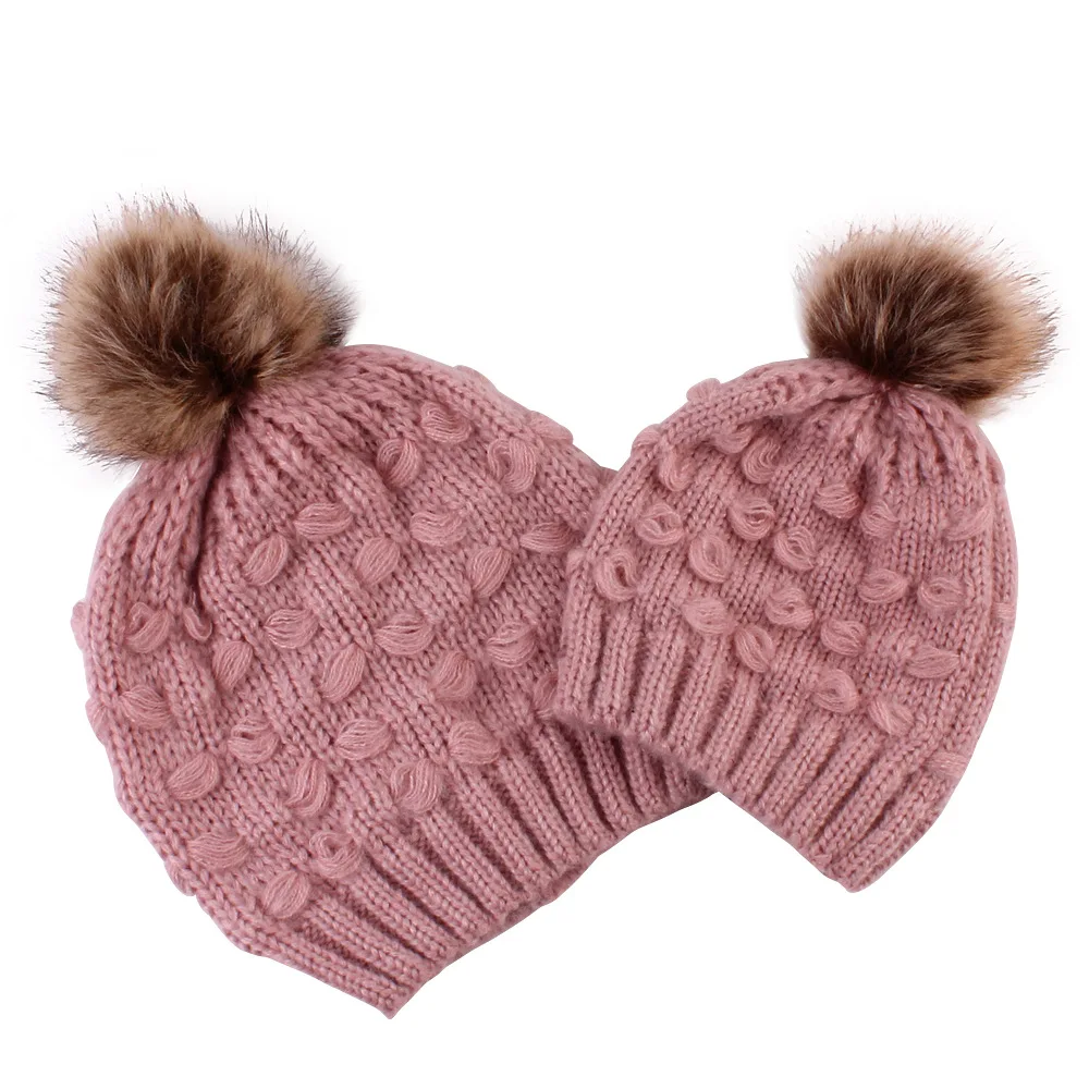 2PCS Women Kids Baby Mom Warm Winter Knit Beanie Fur Pom Pom Hat Crochet Ski Cap 