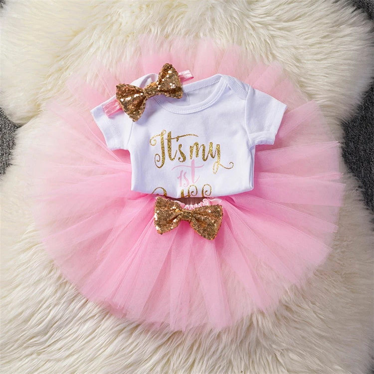 1st Birthday Romper Outfit Set Dresses Baby Girls' Tutu Dress,Headband 