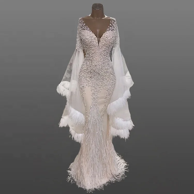 wedding dress with ostrich feathers