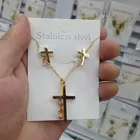 Earring Necklace 18k Gold Heart Shape Rhinestone Earring Pendant Stainless Steel Necklace Set