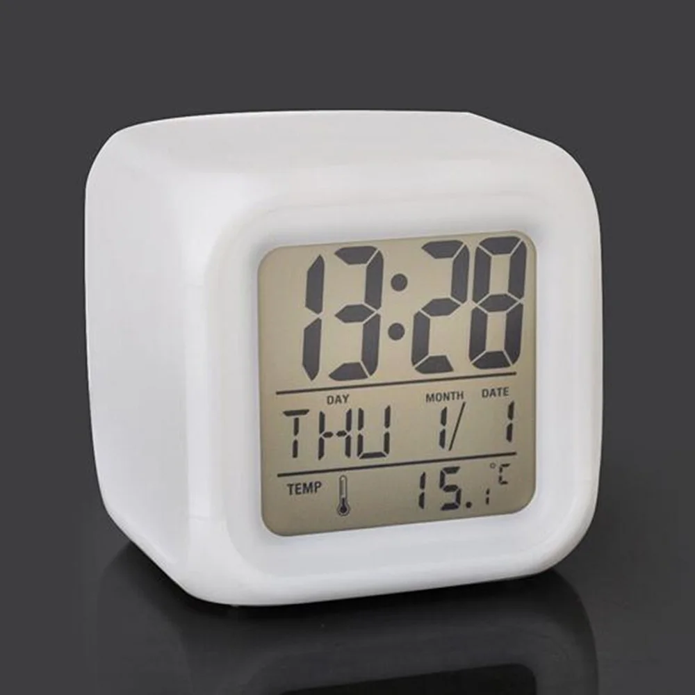 Small 7 Color LED Glowing Change Digital Glowing Alarm Thermometer Clock Cube US 