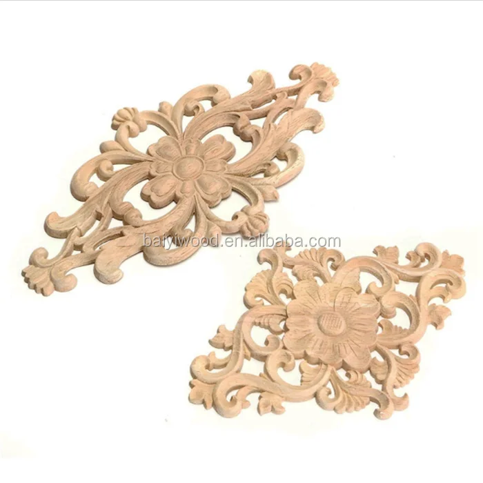 PNX923 Hand Carved in Solid Natural Wood Pair of Rosette Onlays for Furniture 