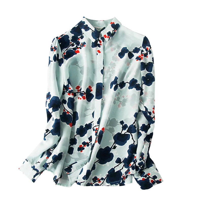 Silk crepe blouse top women long shirt with hidden placket