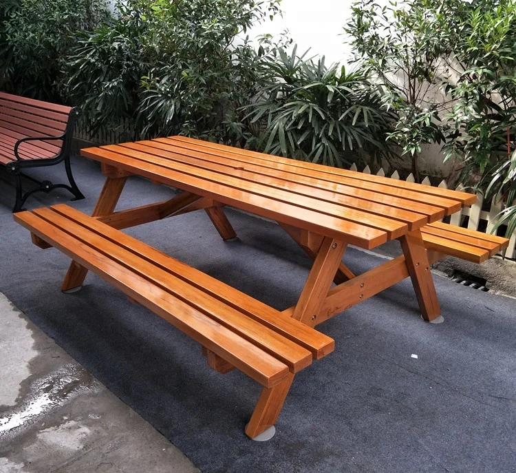 redwood picnic table with benches