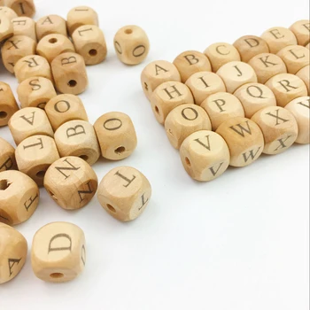 12mm Personalized Name Baby Teething Beads Wooden Beech Cube Alphabet Letter Beads