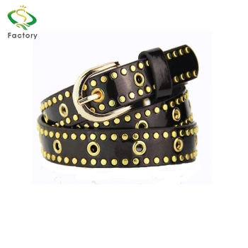 New style lady black Rivets PU leather Belt, Fashion eyelets womens studded belts with alloy buckle