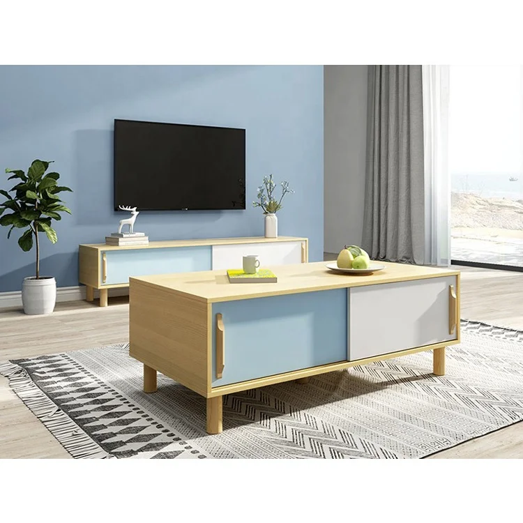 Sliding Door high quality living room colorful simple design tv stand units coffee table