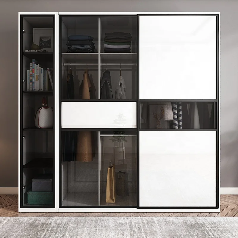 Nordic Style Bedroom Furniture 2 Meters Black and White Glass Wardrobe Storage