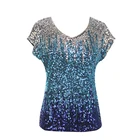 Women's Gradient Sequin Embellished Tank Top Short Sleeve Glitter Party Club Blouse Tops