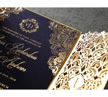 Elegant royal gold wedding invitations blue wedding invitations luxury laser cut wedding invitations with affordable price