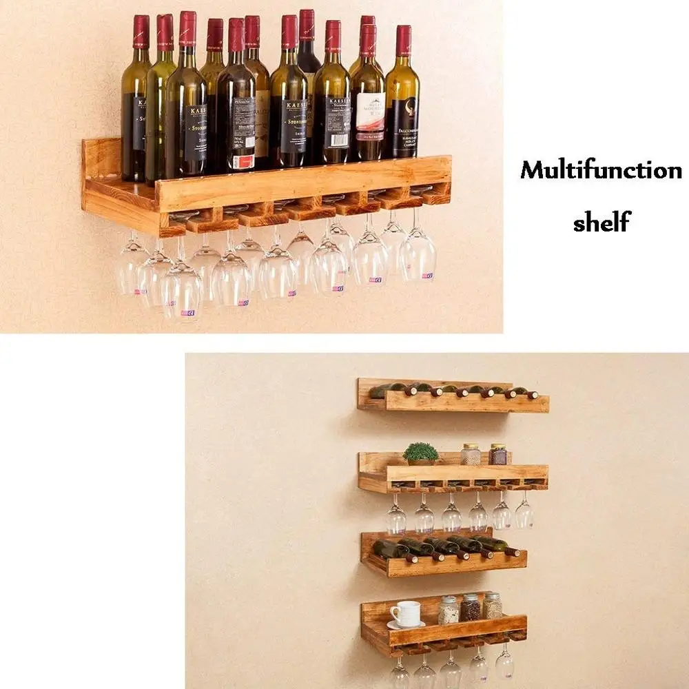 Wooden Wine Bottle Rack Holder Wine Goblet Holder Hanging 5 Wine Spice Rack Storage Unit Floating Shelf Wall Decorations for Hom