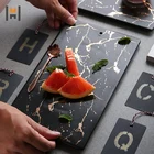 Black Ceramic Blackceramic Black Ceramic Plate Rectangle Shape Black Marble Gold Ceramic Plate Tray For Wholesale