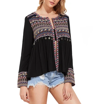 Custom Design Latest Fashion Coin Fringe Trim Mexican Embroidered Blouse