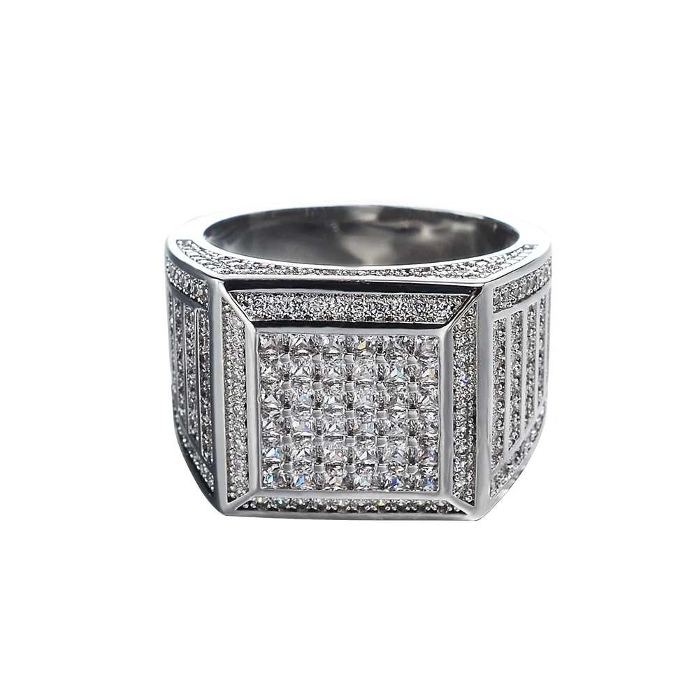 3.18 Cts White CZ Diamond Mens Square Hip Hop Ring in 14k Yellow Gold Finish 925 Silver