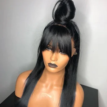 360 Lace Front Wig Raw Brazilian Human Hair Long Straight High Ponytail Human Hair Wig With Bangs