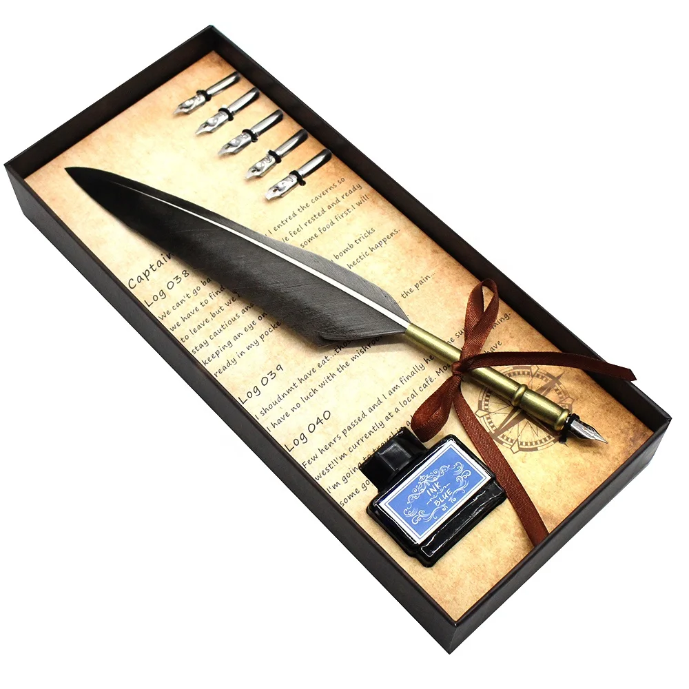 Yihuale Feather Pen Ink Set Turkey Feather Pen with 5 Steel Replacement Nibs and Dip Ink Bottle in Gift Box