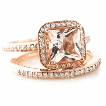 925 Sterling Silver CZ Rose Gold Plated Halo Diamond Princess Cut Morganite Wedding Ring Set