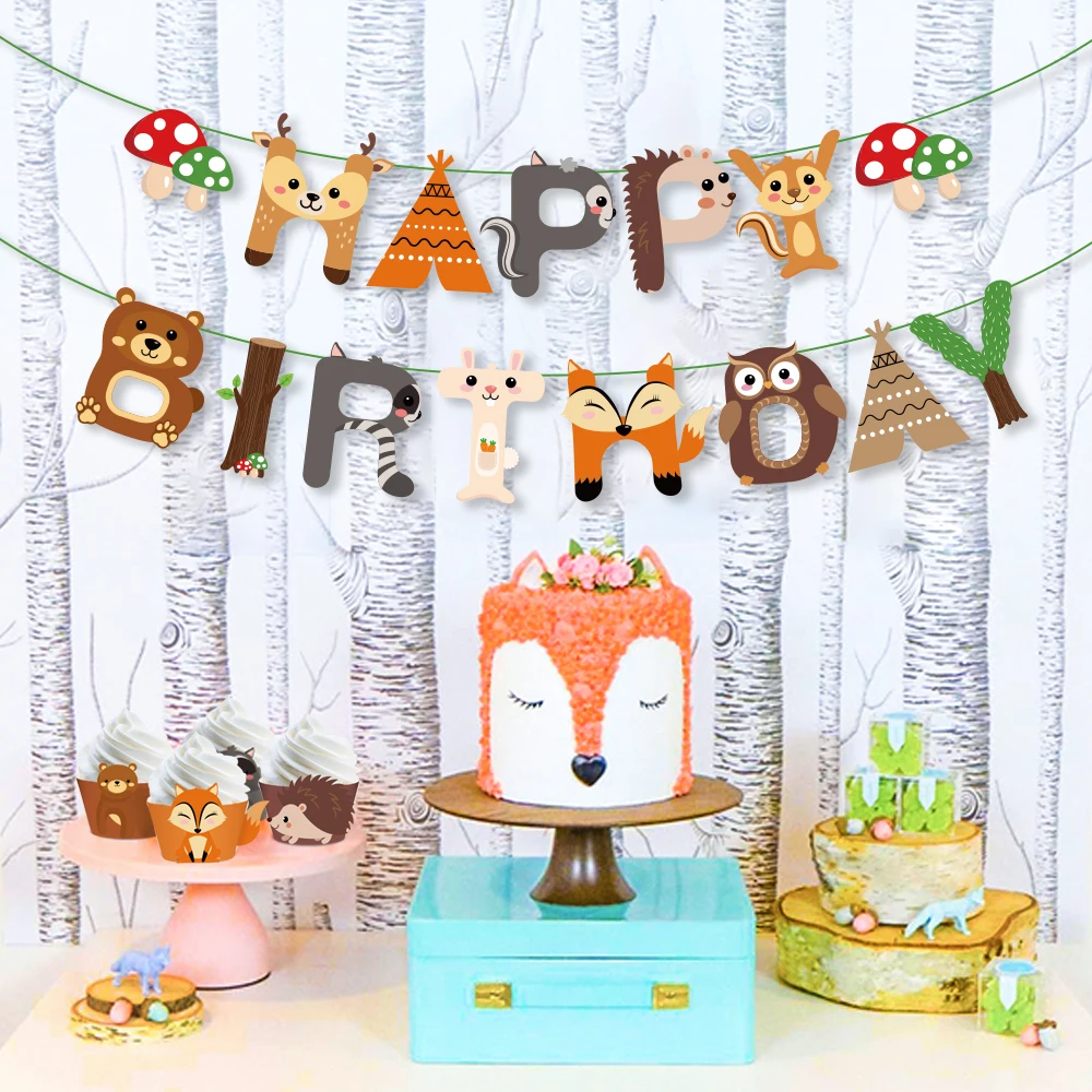 Cute Zoo Party Decoration Supplies for Woodland Garland Forest Themed Birthday Festival Party 15pcs Jungle Animals Leaves Happy Birthday Banner 
