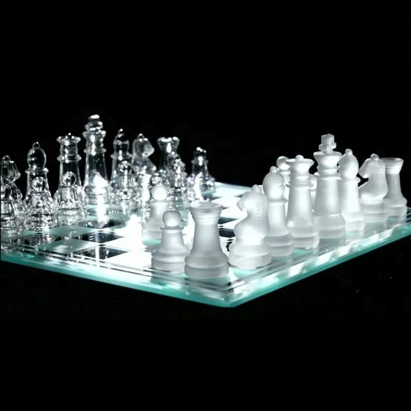 Glass Chess Set Featuring Frosted and Clear Glass Pieces and Glass Board #SH5 
