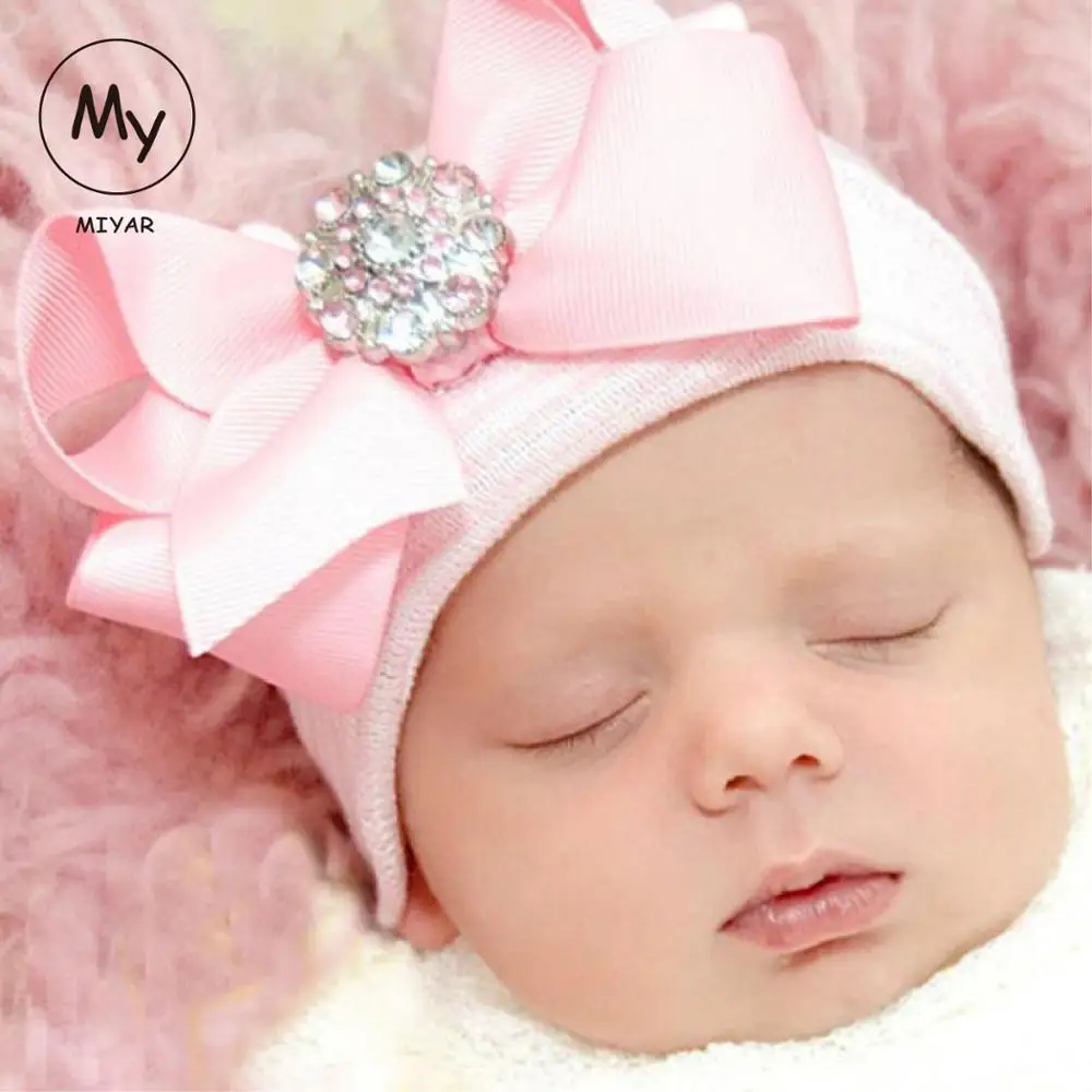 Baby Girls Infant Striped Soft Hat with Bow Cap Hospital Newborn Beanie 