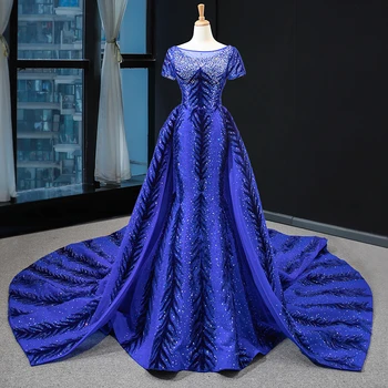 RSM66855 cap sleeves pattern blue mermaid luxury beaded evening gown elegant dresses with detachable train