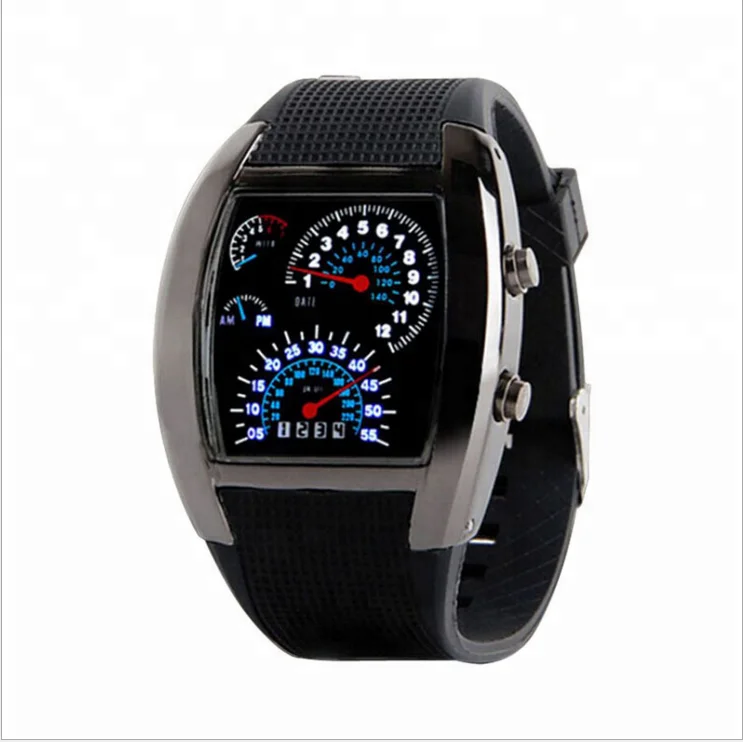 Aviation style Turbo Dial Flash LED Watch Custom Car Meter Sports Watches For Men Digital