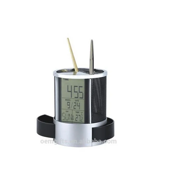 Hot Selling Cylindrical LCD Display Calender, Wire Mesh Pen Holder Pencil Holder With Clock