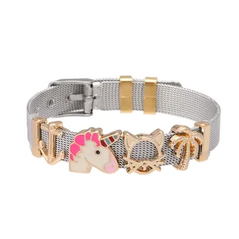 Wholesale Pop Kids Jewelry Bracelet Flexible Belt Buckle Silver Strap Cute Slide Charms Stainless Steel Charm Mesh Bracelet