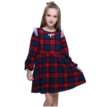 Kseniya Kids Red And Black Plaid Baby Girl Dress Long Sleeve Lace Little Girl Dresses Boutique