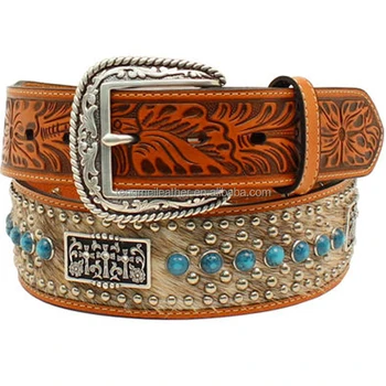 Genuine leather calf hair 3 crosses concho western floral emboss turquoise stone studded belts