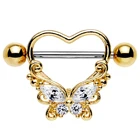 Gems Ring Heart Butterfly CZ Gems 316L Surgical Steel Gold Plated Nipple Ring