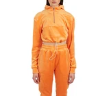 Women Hoodies Tracksuits Custom Womens Orange Half Zipper Crop Top Velour Velvet Tracksuit Hoodie And Joggers Set