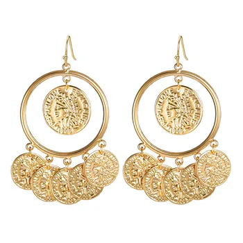 Fashion Muslim Handmade Jewelry Double Rings Gold Round Coin Pendant Earrings