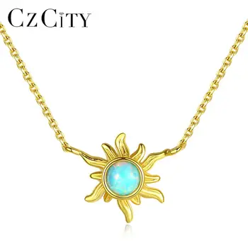 CZCITY Sun Shape Pendant Vintage Opal Necklace for Girls 925 Sterling Silver Jewelry