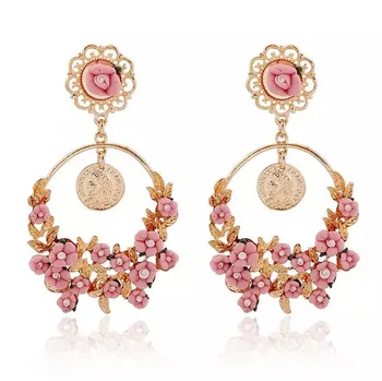 2020 Cheap Turkey Coin Earrings 14 K Gold Rose Flower Boho Girls Gift Drop Earrings