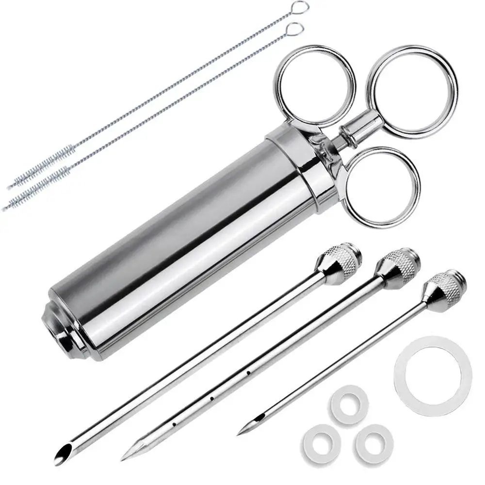 Stainless Steel Meat Injector Syringe with 2 Marinade Injector Needles for BBQ Grill Smoker Large Capacity Heavy Duty 